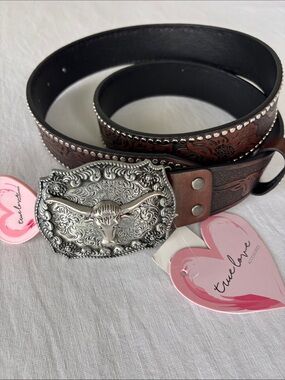 True Love Brown Faux Tooled Leather Western Belt with Silver Longhorn Buckle